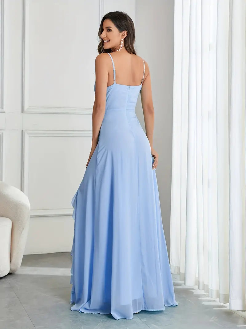 Chiffon Spaghetti Strap Gown in Sky- Blue