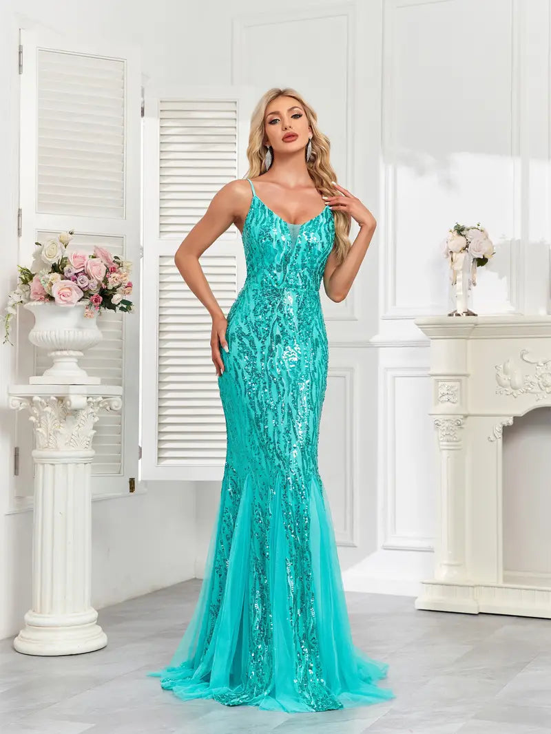 Stunning Mesh Sequin Gown in Emerald