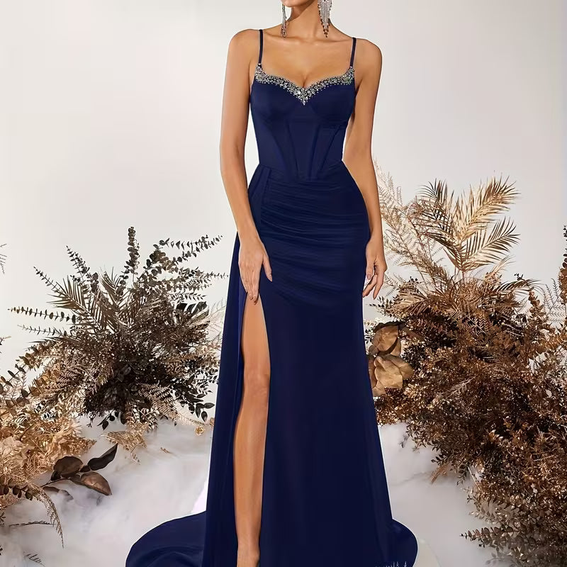 Elegant Navy Gown with Diamond Embellishment