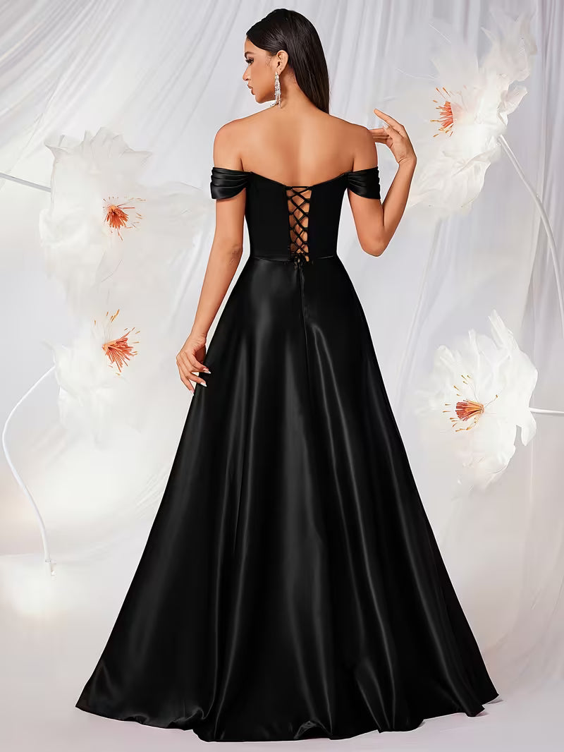 Off the Shoulder Waisted Satin Gown in Black