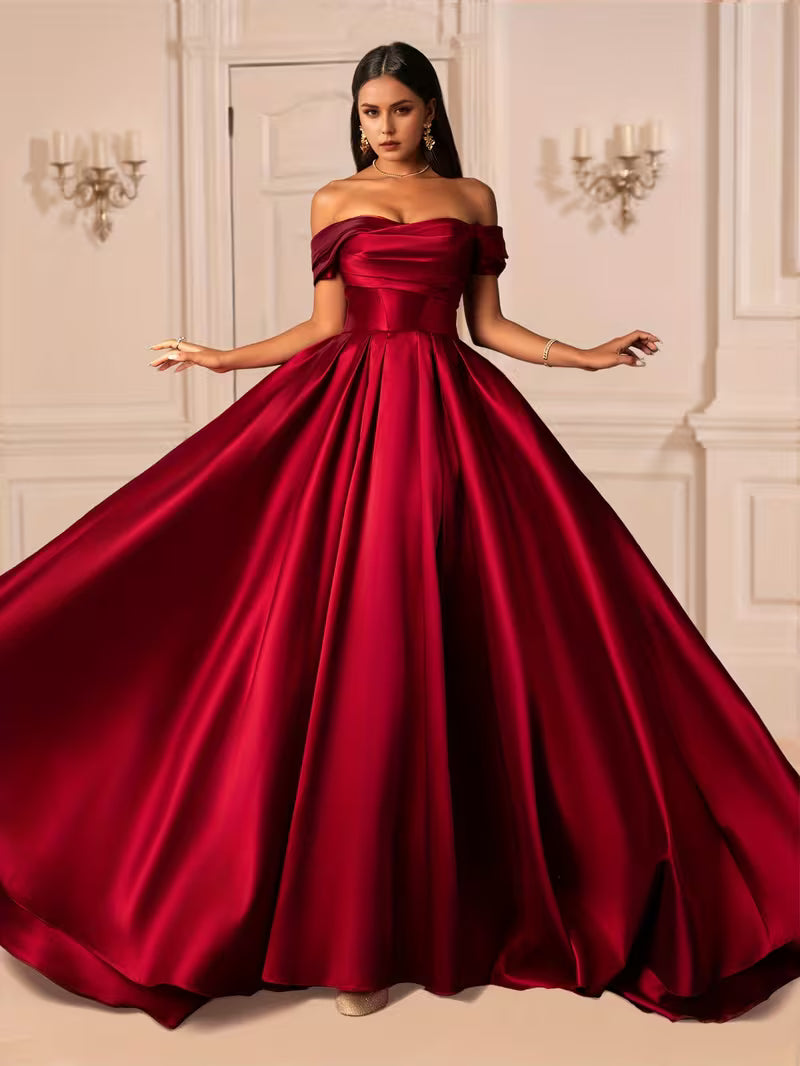 Red Off the Shoulder Gown in Solid Satin