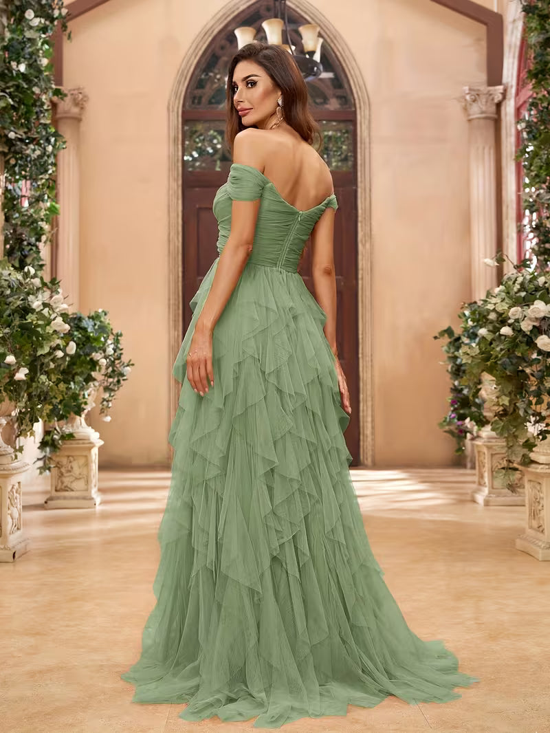 Off the Shoulder Ruffled Tulle Dress in Soft Green