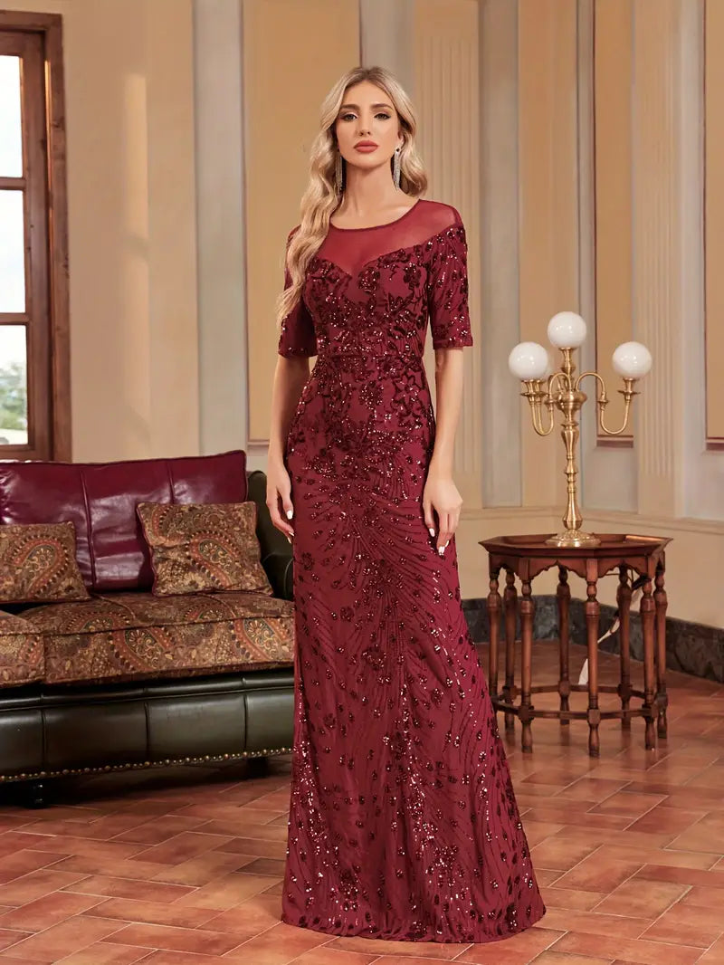 Mermaid Fit Sequin Gown in Burgundy