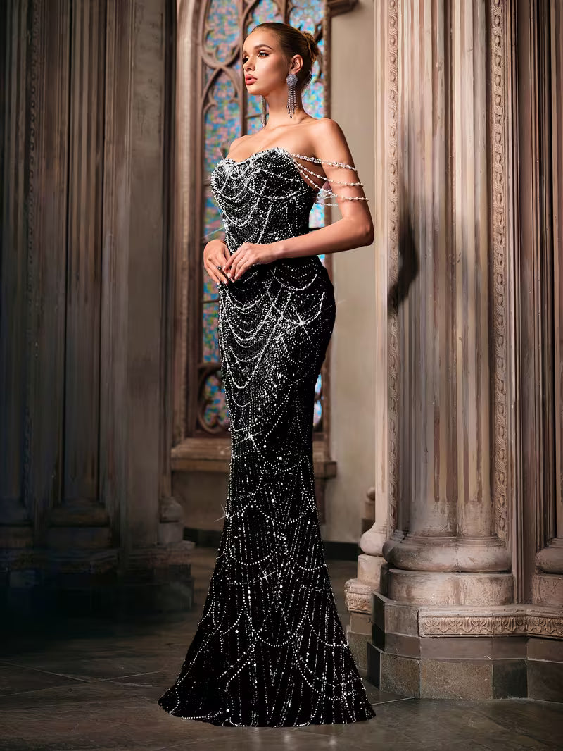Beaded Bodycon Gown with Mermaid Tail in Black Sequin