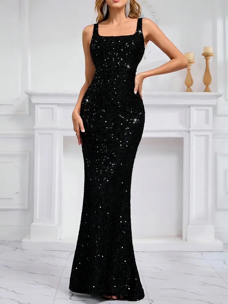 Black Sequin Square Neck Gown in Black
