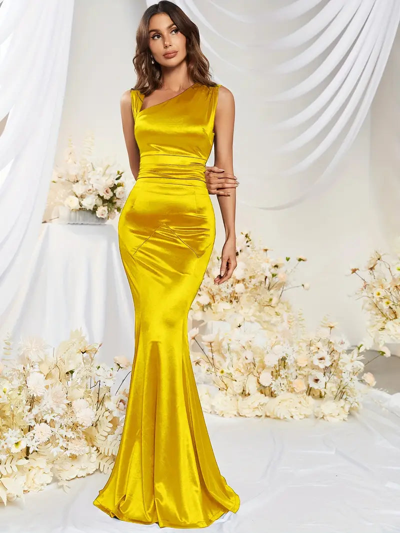 PRE ORDER Asymmetrical Neckline Satin Gown in Yellow