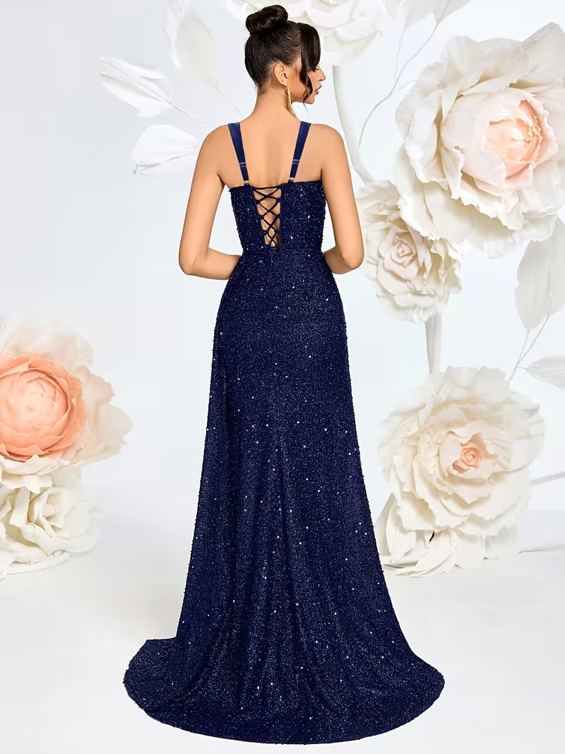 Sequined Navy Wide Stap Gown
