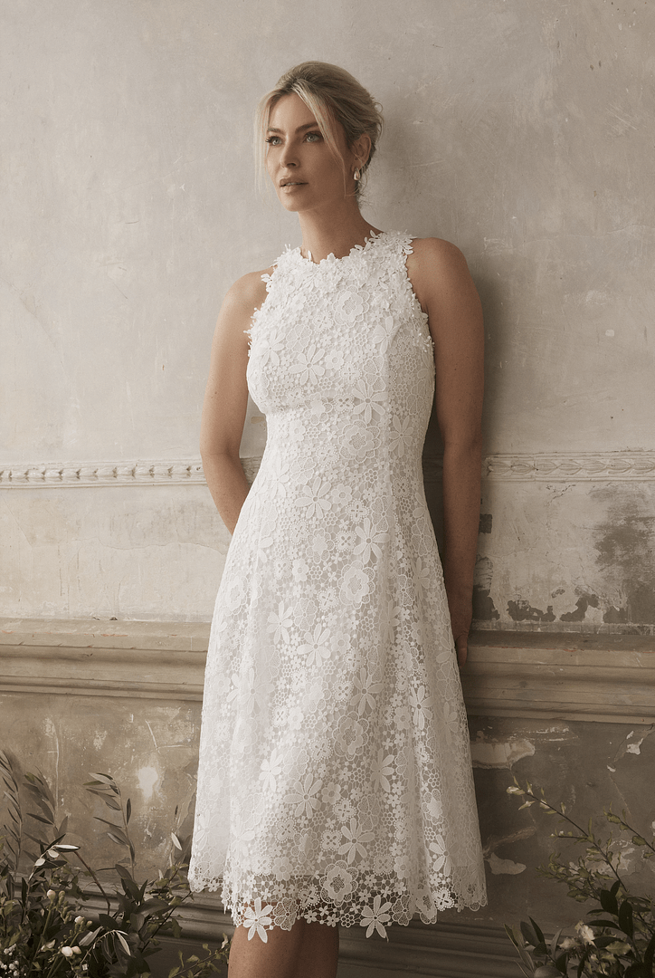 A-line Lace Appliqued Dress with Trailing White