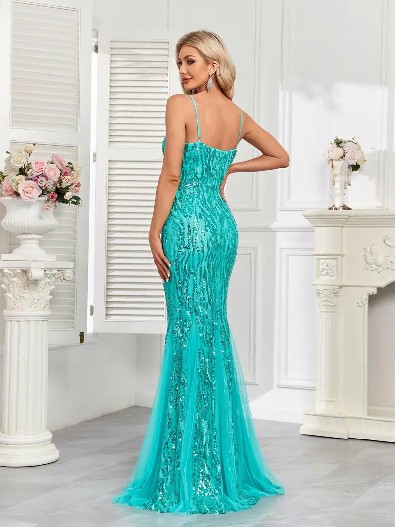 Stunning Mesh Sequin Gown in Emerald