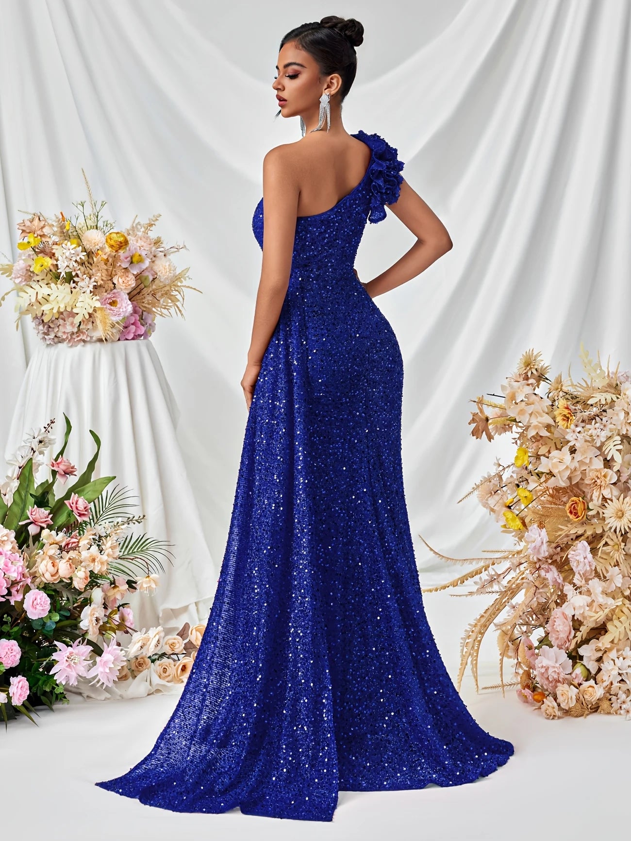 One-Shoulder Sequin Gown in Royal Blue