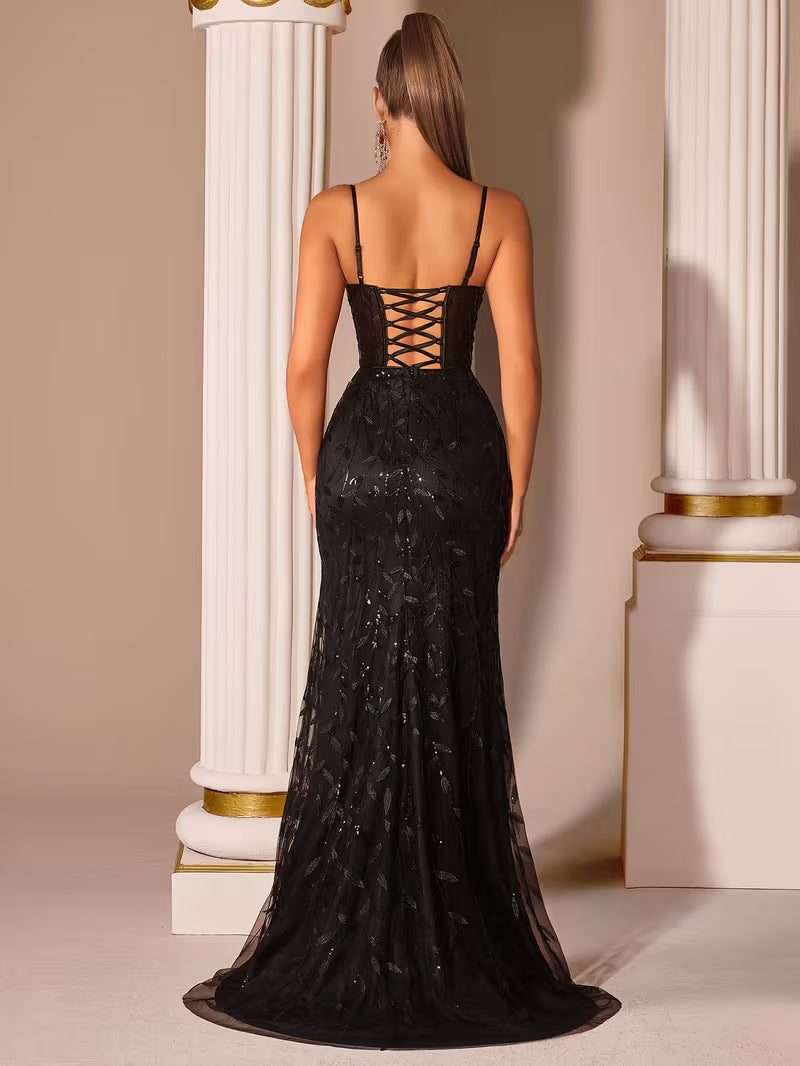 Leaf Print Sequin Gown in Black