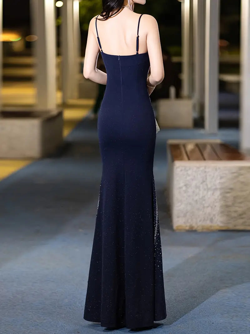 Sparkling Spaghetti Strap Gown in Navy