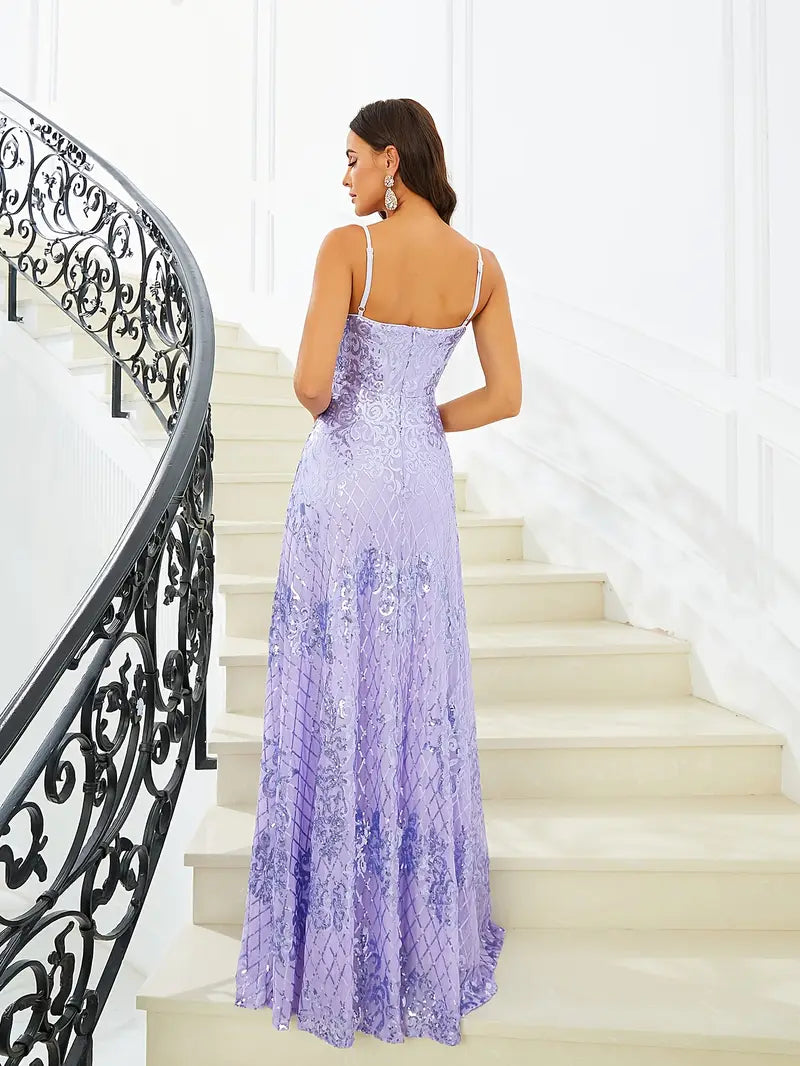Purple Sequin A-Line maxi Gown