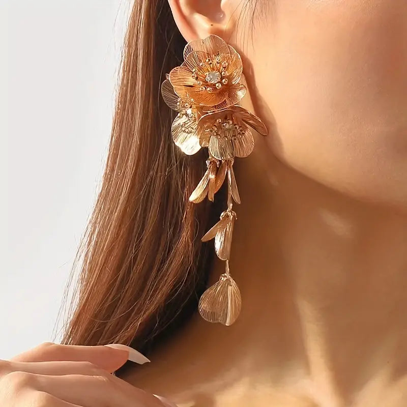 Elegant Flower Statement Earrings in Gold