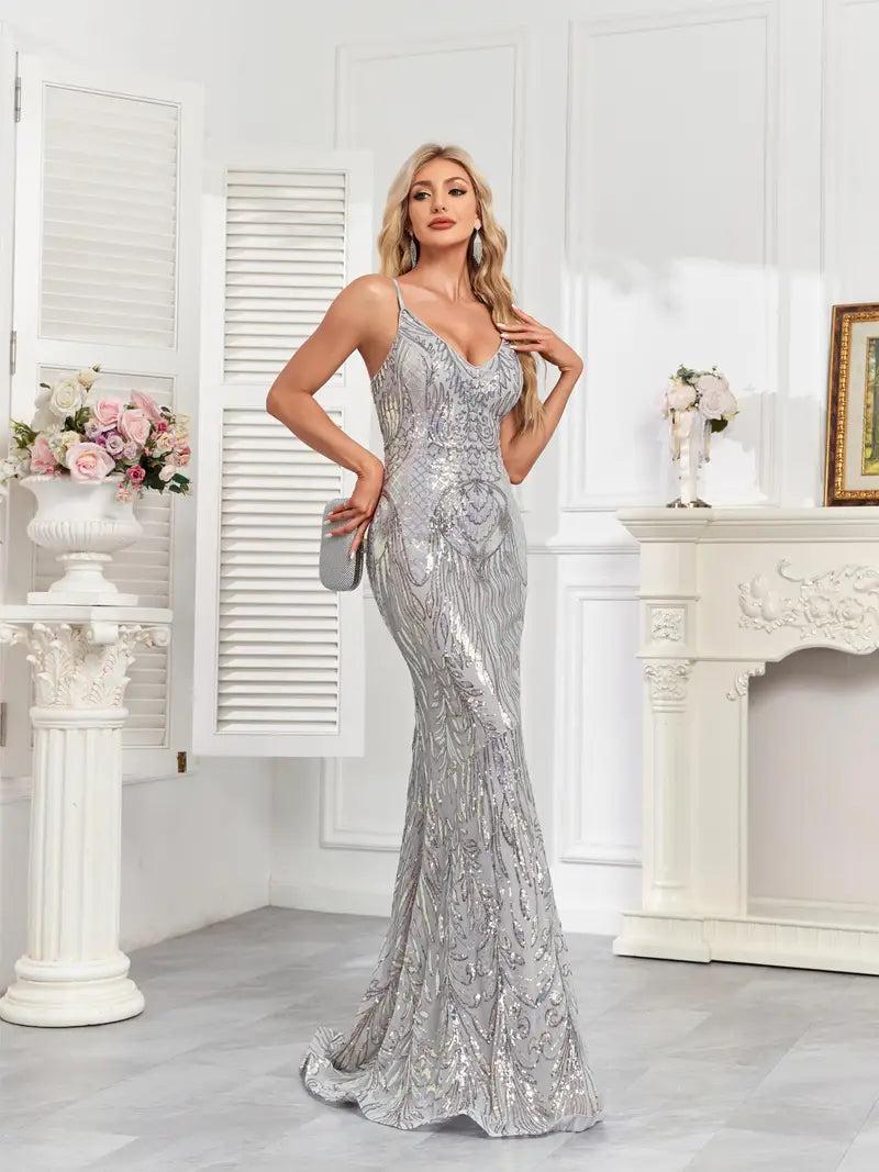 Silver Grey Sequined Mermaid Strap Dress