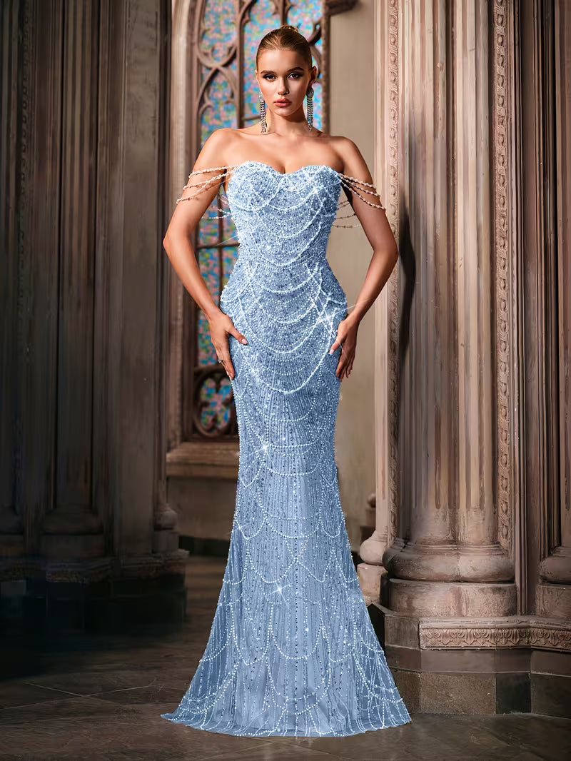Beaded Bodycon Gown with Mermaid Tail in Powder Blue