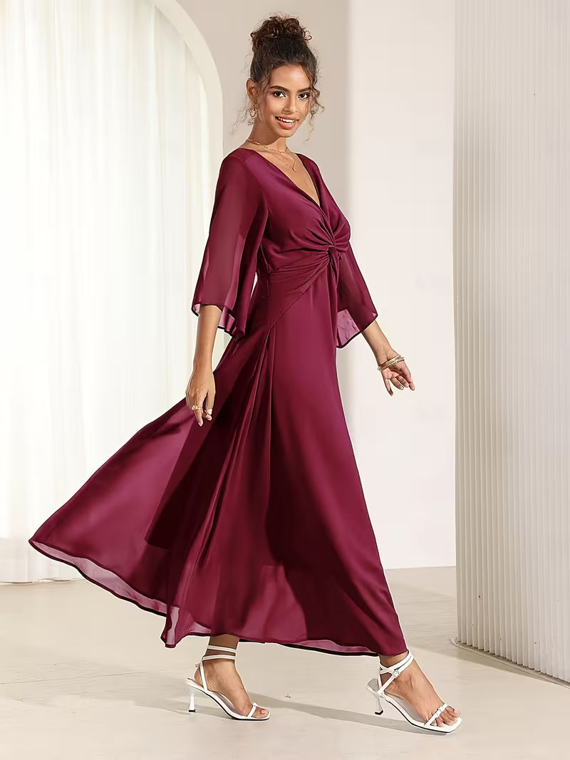 Chiffon Fit & Flare Maxi Dress in Burgundy
