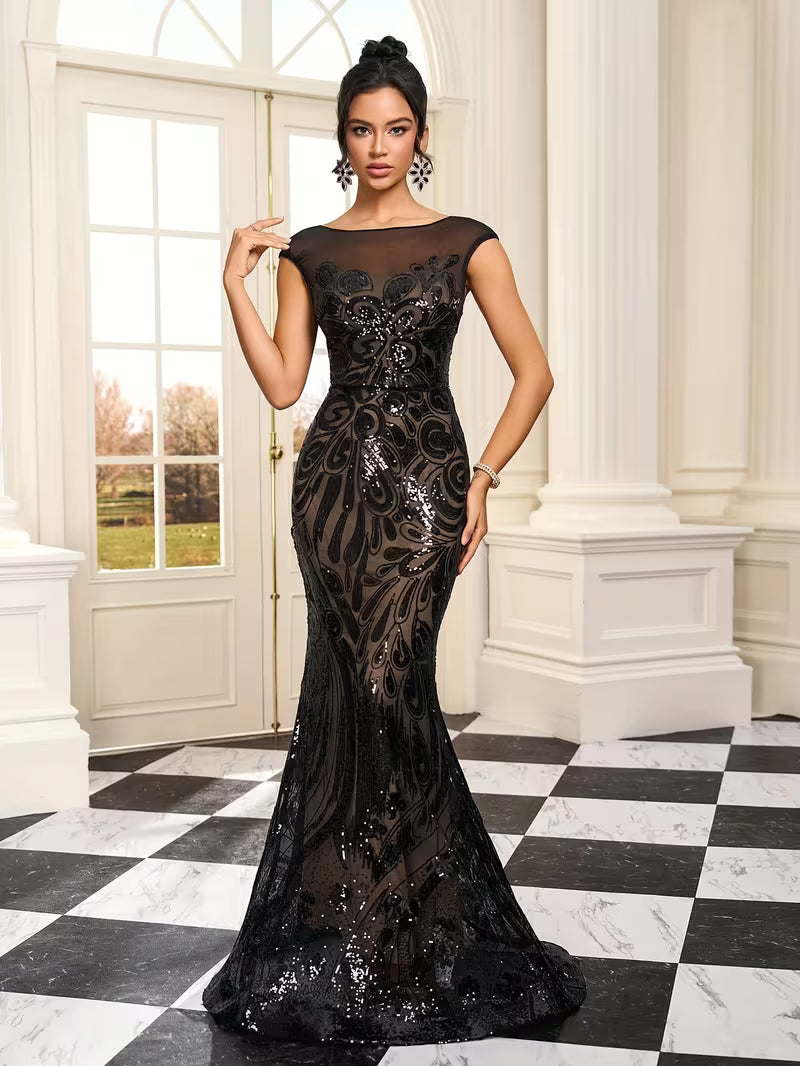 Elegant Black Embossed Print Sequin Fishtail Gown