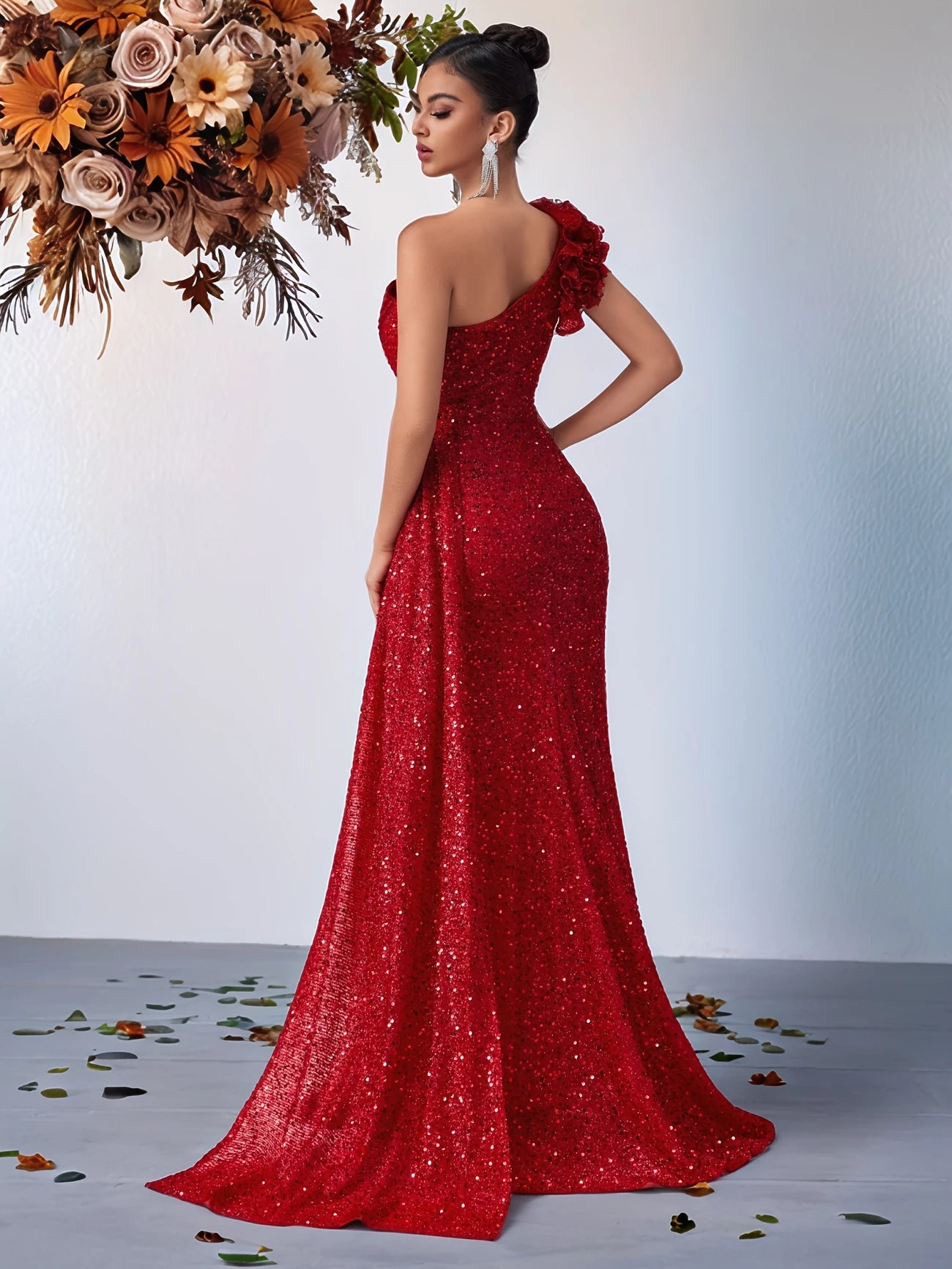 One Shoulder Sequin Gown in Red