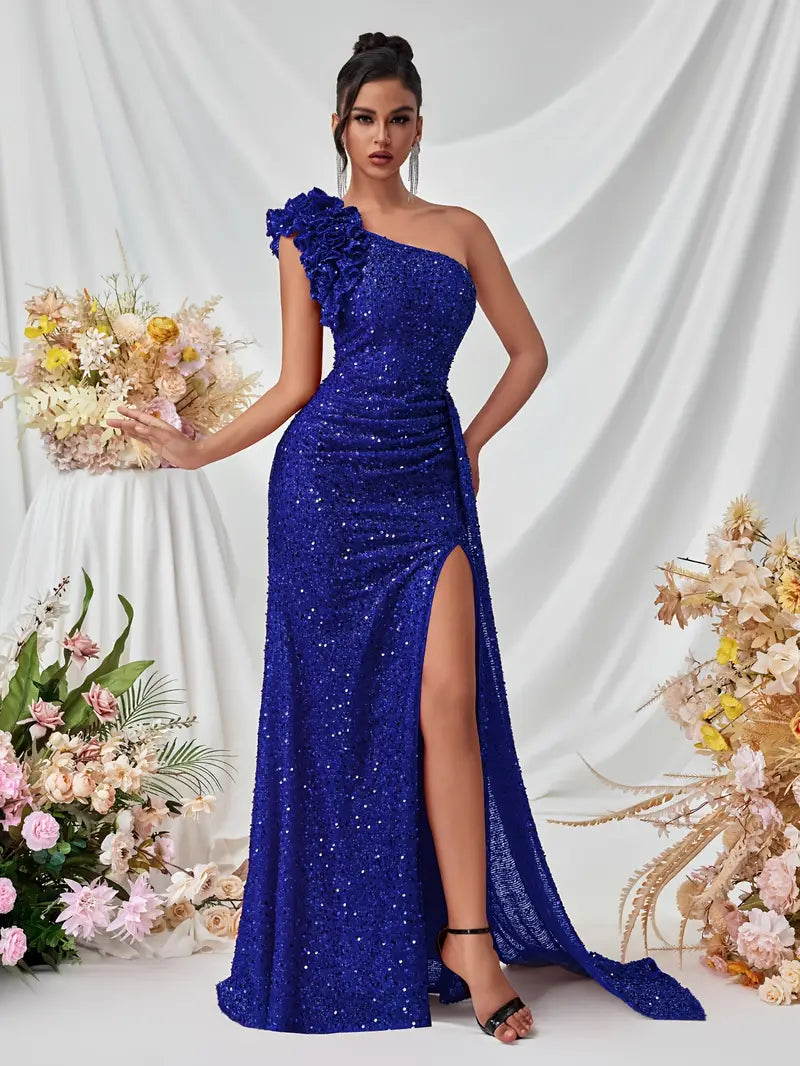 One-Shoulder Sequin Gown in Royal Blue