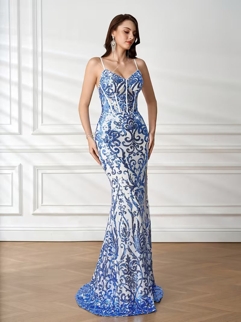 Blue and White Sequin Pattern Gown