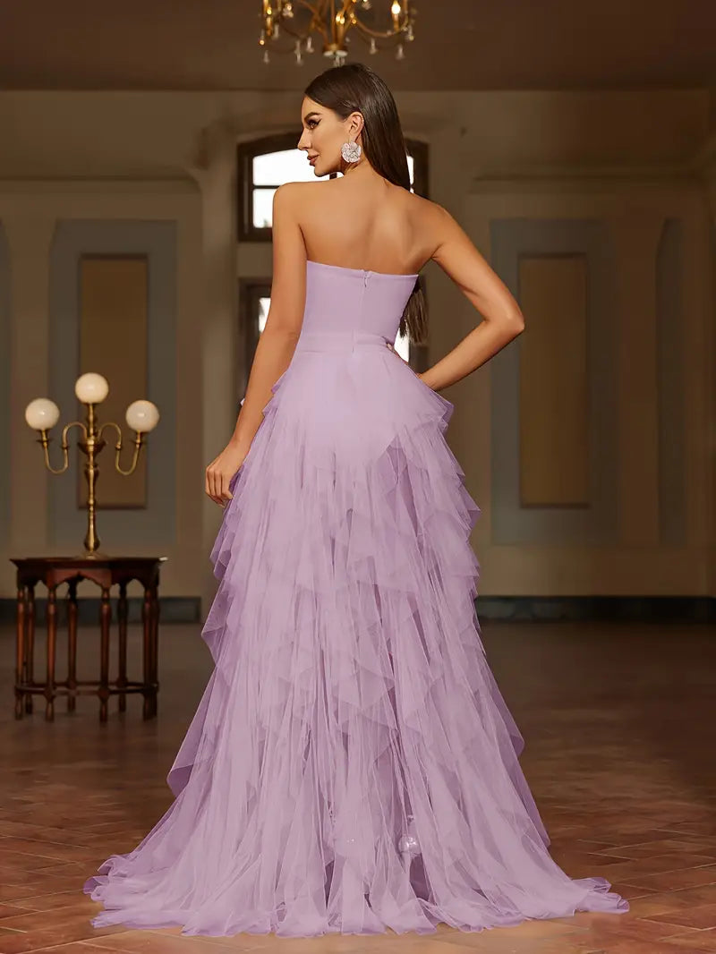 PRE-ORDER Ruffled Tulle Off the Shoulder Gown in Lavender