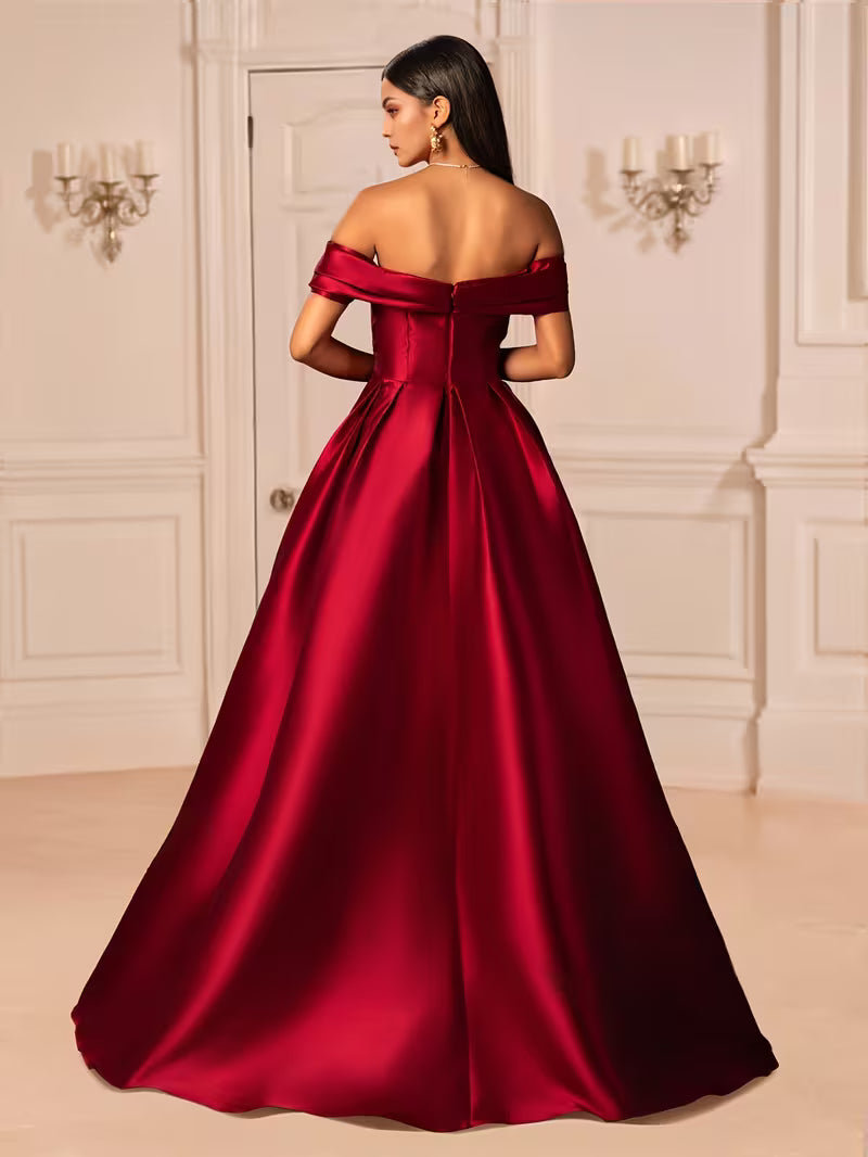 Red Off the Shoulder Gown in Solid Satin