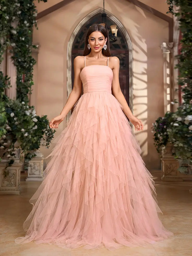 Strapless Off The Shoulder Tulle Gown in Soft Pink