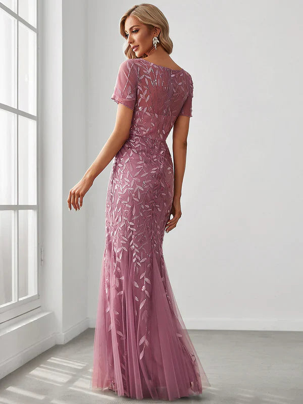 Sequin Fishtail Tulle Gown in Pink