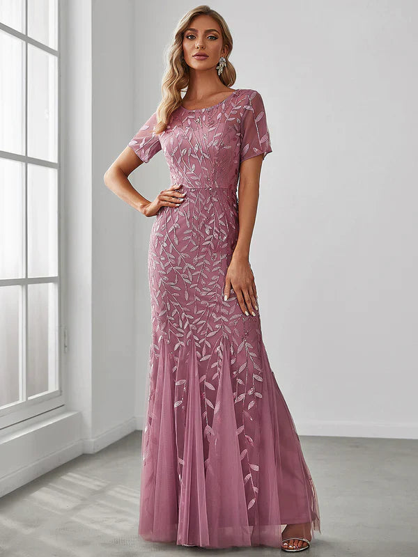 Sequin Fishtail Tulle Gown in Pink