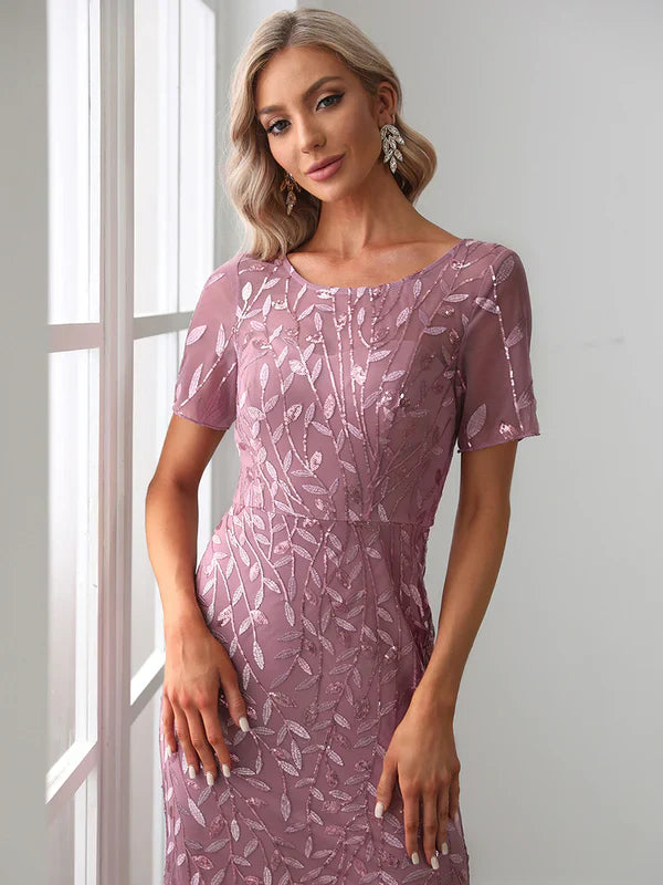 Sequin Fishtail Tulle Gown in Pink