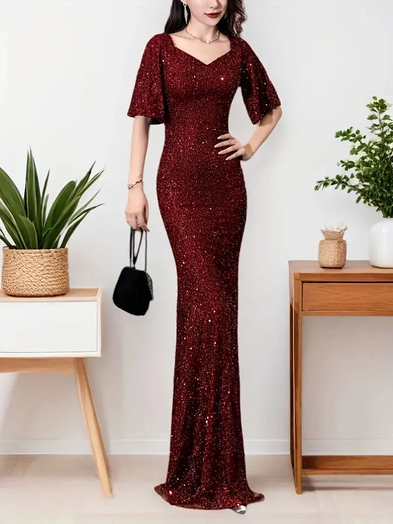 Sequin V Neck Ruffle Sleeve Gown in Burgundy
