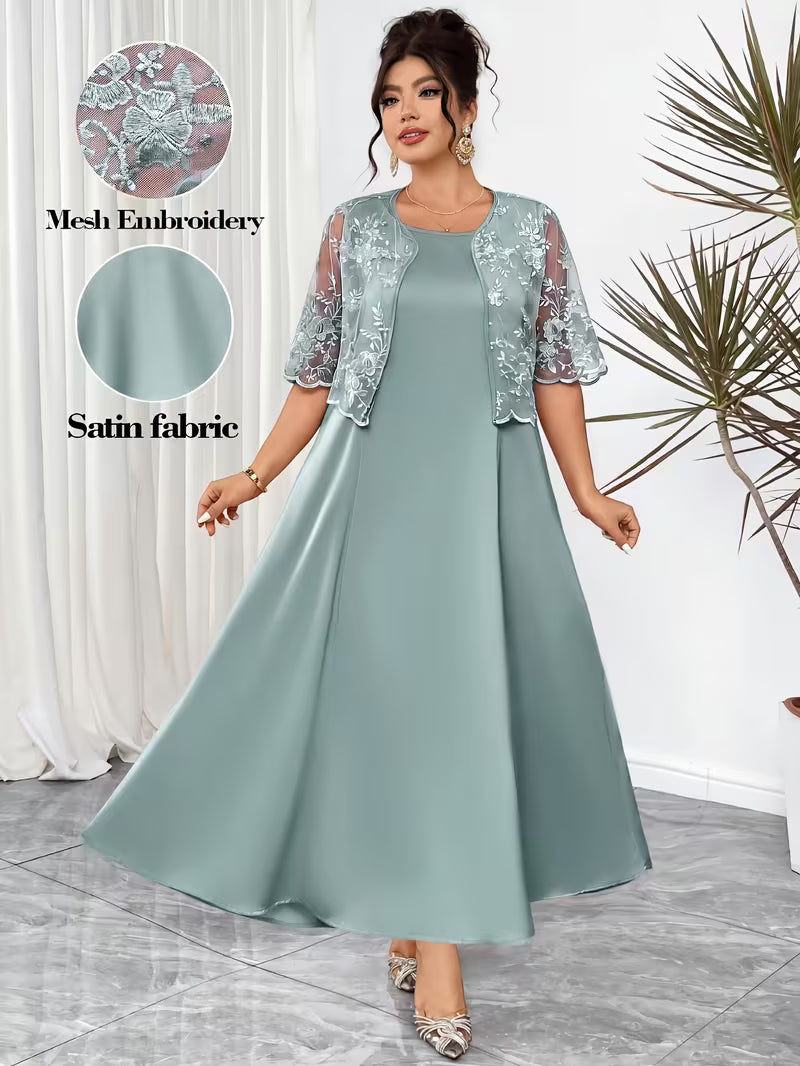 Satin Shift Dress with Matching Embroidered Jacket in Mineral Green