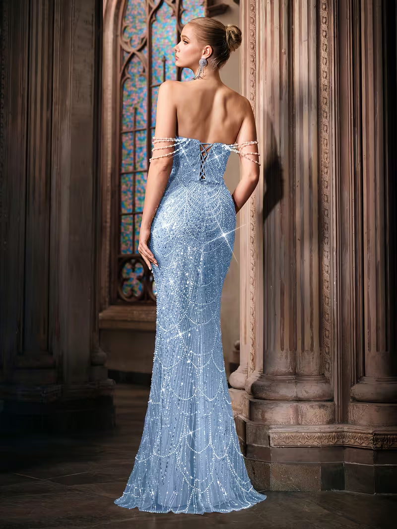 Beaded Bodycon Gown with Mermaid Tail in Powder Blue