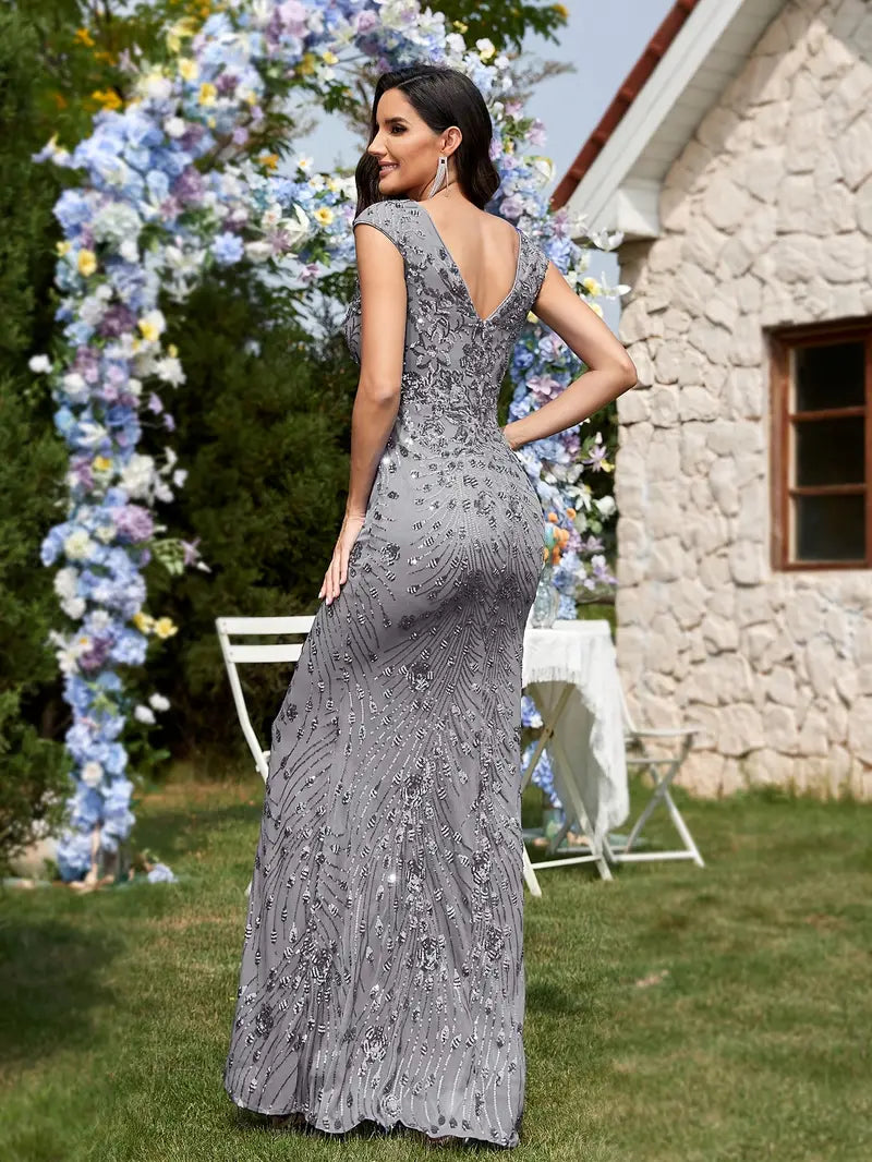 Sleeveless V-Neck Sequin Gown in Grey