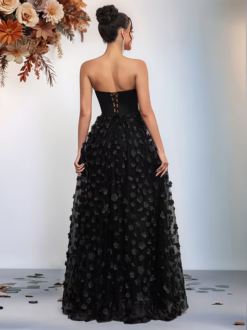 Black Chiffon Applique Gown
