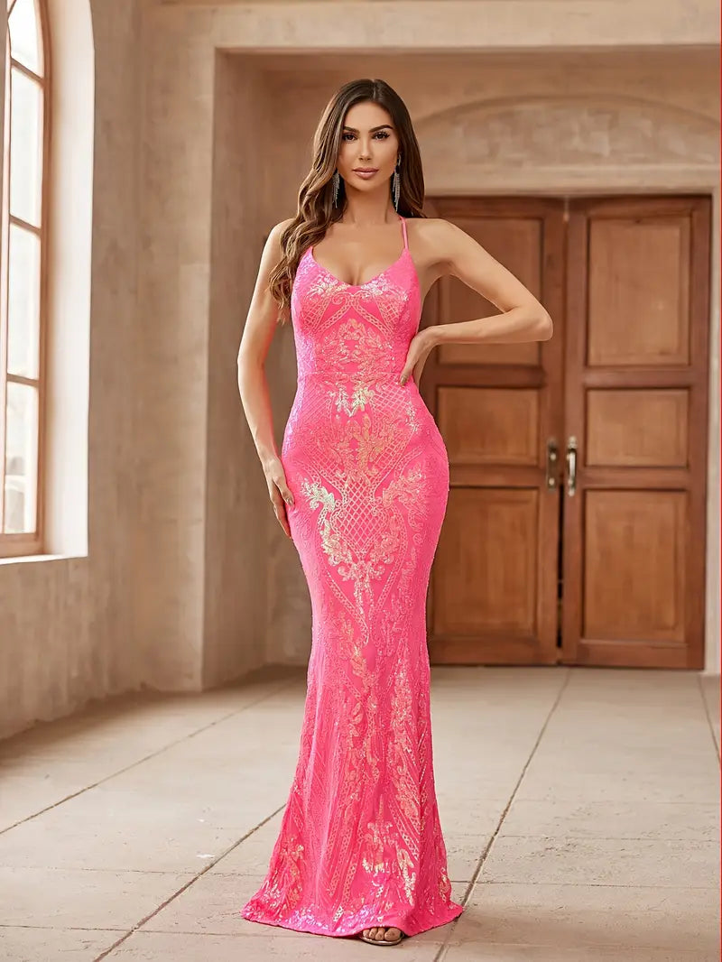 Sequin Backless Mermaid Tail Gown in Bright Pink with Gold Accents