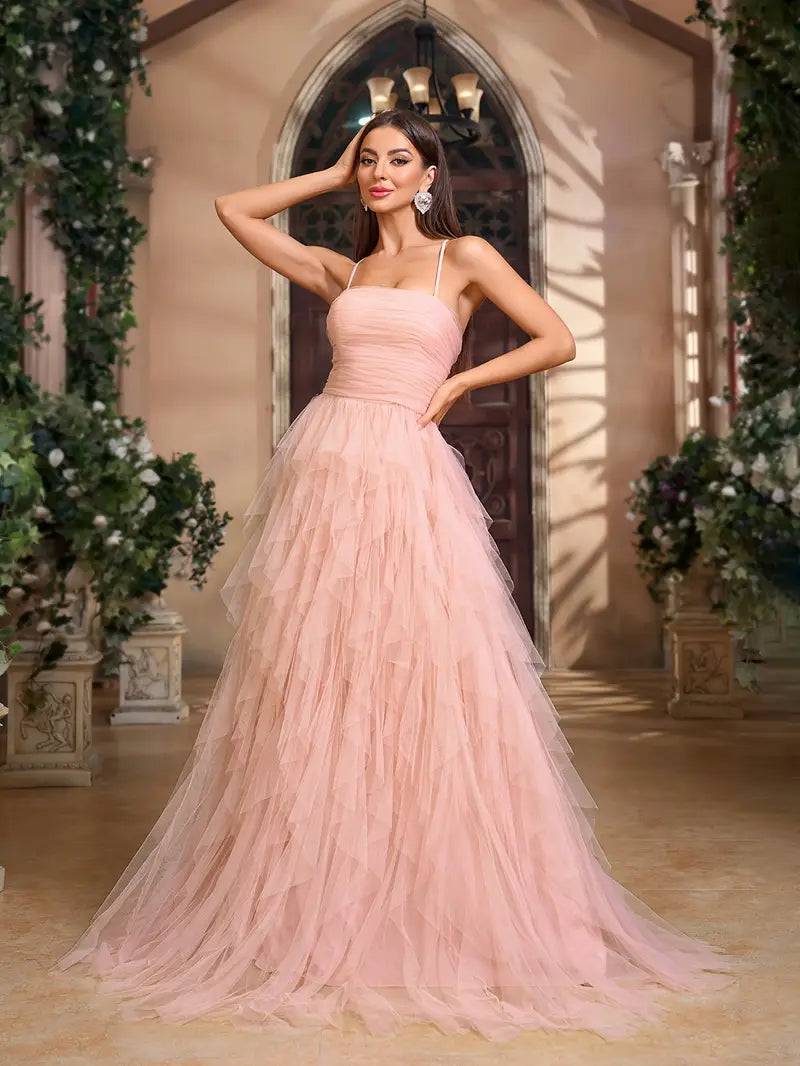 Strapless Off The Shoulder Tulle Gown in Soft Pink