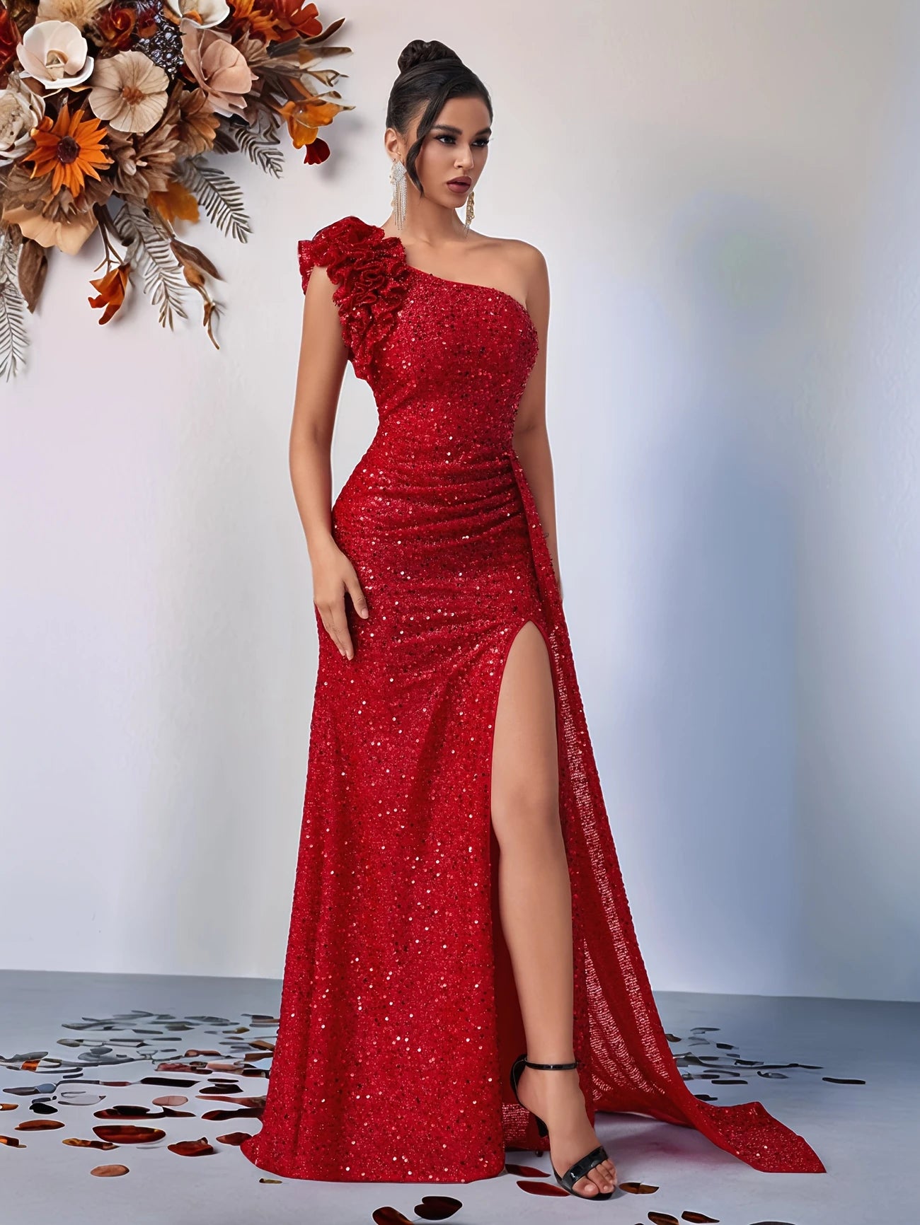 One Shoulder Sequin Gown in Red