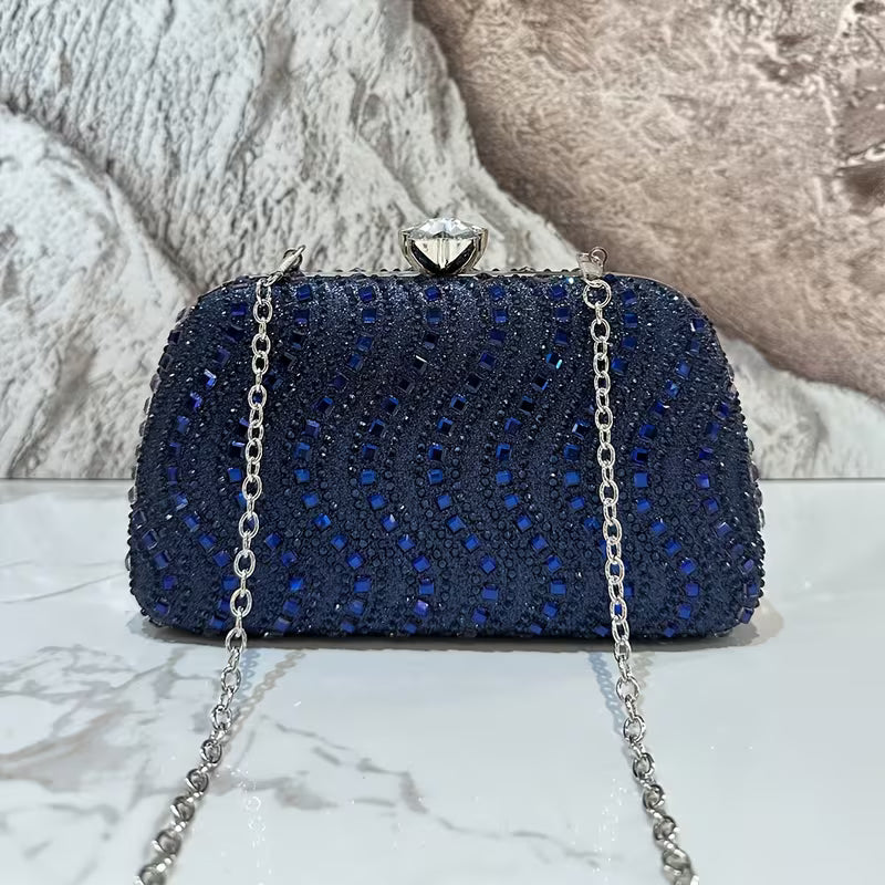 Luxury Rhinestone Sparkling Clutch in Navy Blue