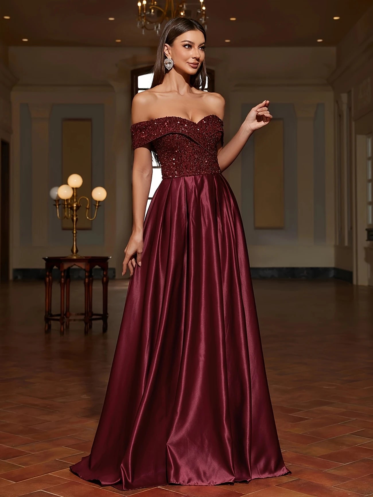 Off the Shoulder A-Line Gown in Burgundy