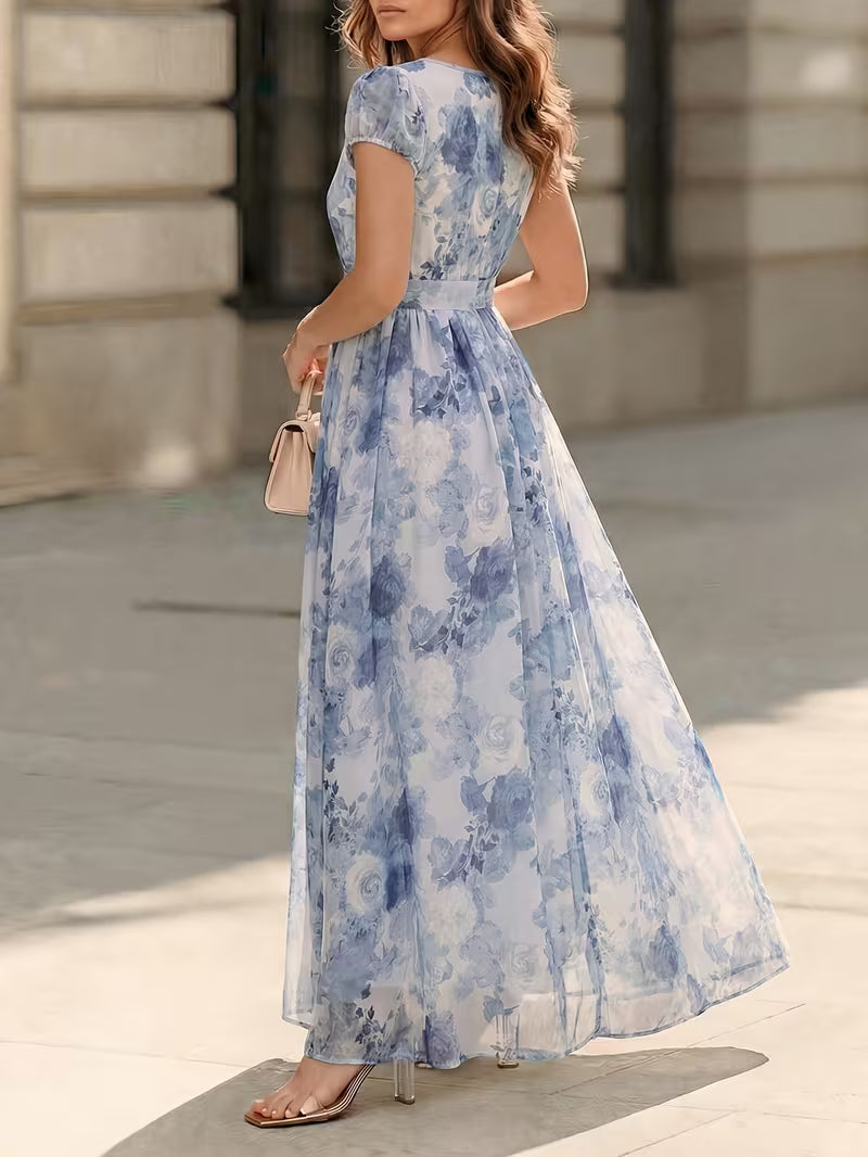 Floral Chiffon Maxi Dress in Bright Steel Blue