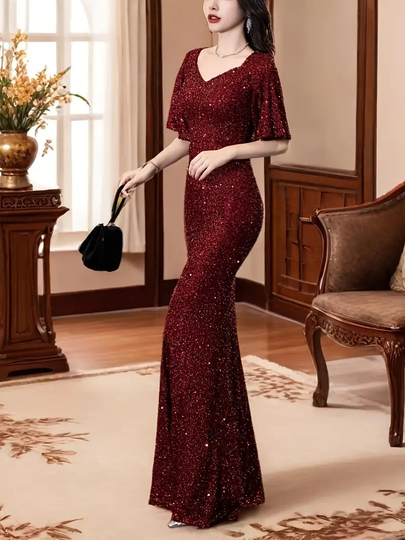 Sequin V Neck Ruffle Sleeve Gown in Burgundy