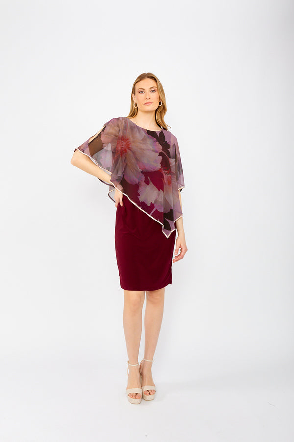 Knee Length Shift Dress With Cape Overlay Style 249200
