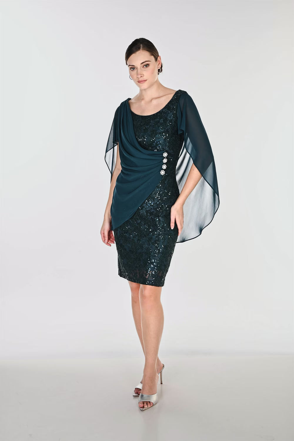 Sequin Draped Sleeve Dress with Jewel Enhancement 269208