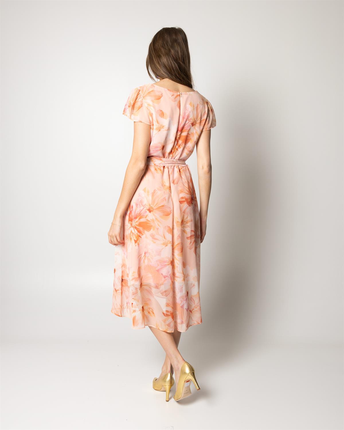 Floral Apricot Print Faux Wrap Dress 232324