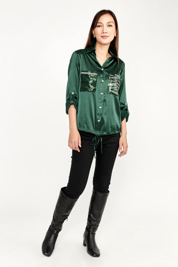 Emerald Green Satin Shirt 223409U - After Hours Boutique