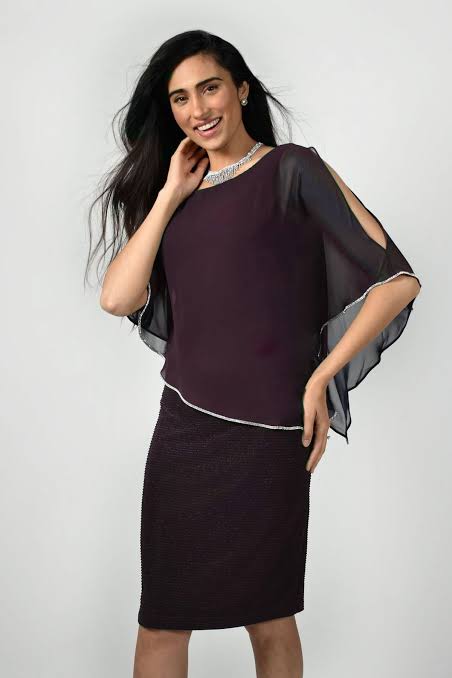 Rhinestone Trim Knee-Length Dress in Merlot 219203