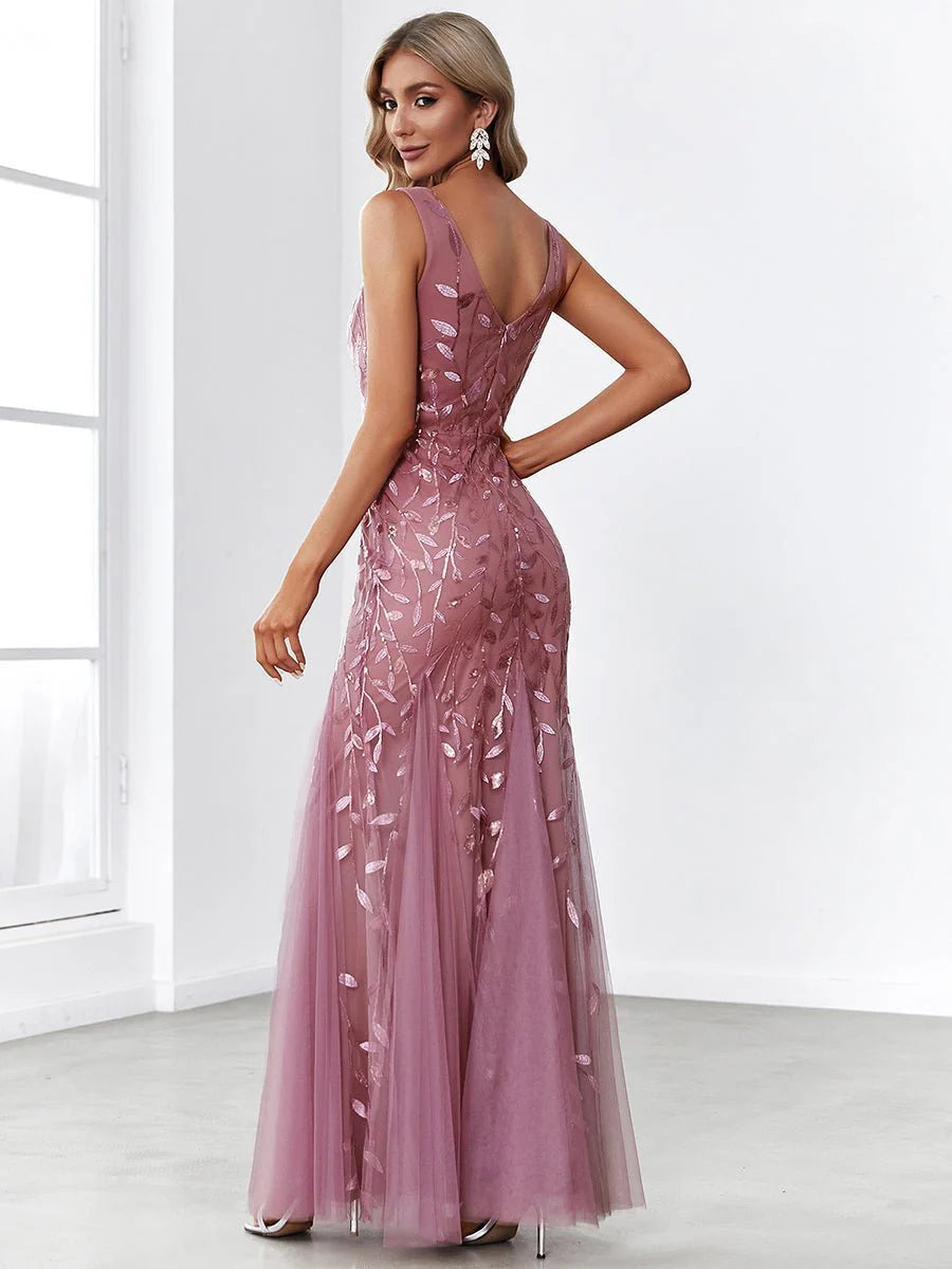 Dusky Rose Sequin & Tulle Fishtail Gown
