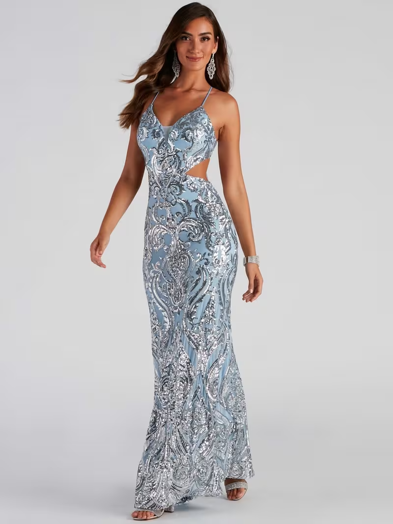 Light Blue and Silver Sequin Ball Dress